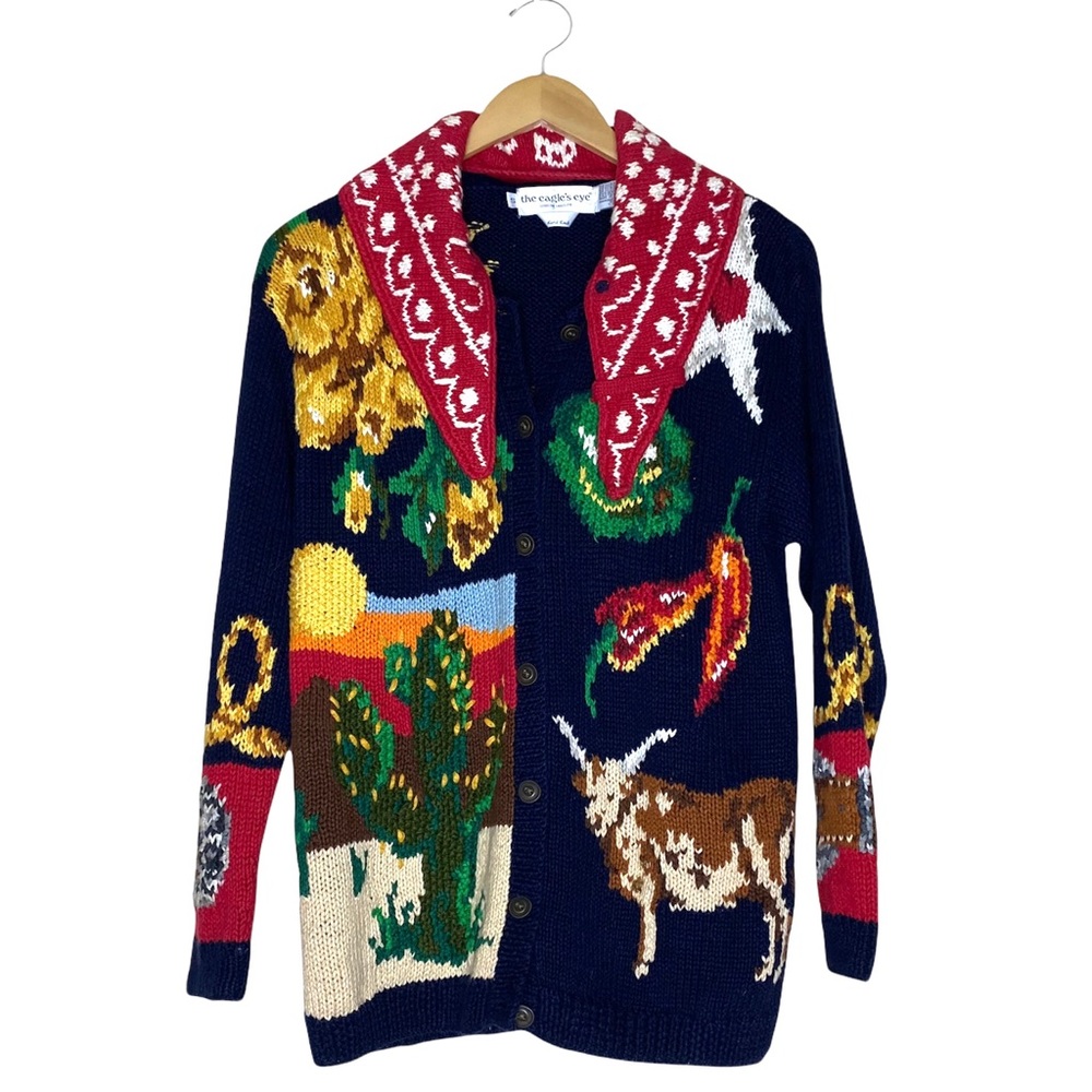 Vintage Eagles Eye Hand Knit Western Cowboy Novelty Sweater